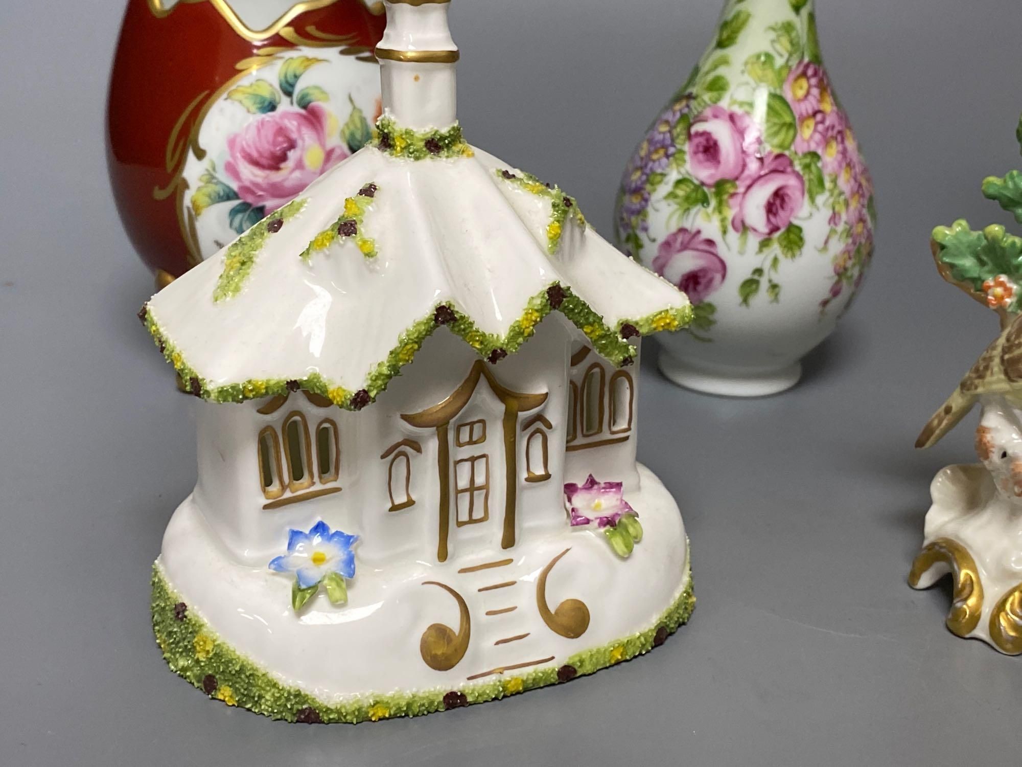 A Sitzendorf figure Fisher boy, a Coalport cottage and Continental ceramics (6)